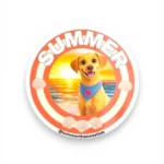 Round custom pet sticker of a yellow Labrador with a sunset beach background and seashell border. Windy City Tailz custom pet sticker photo.