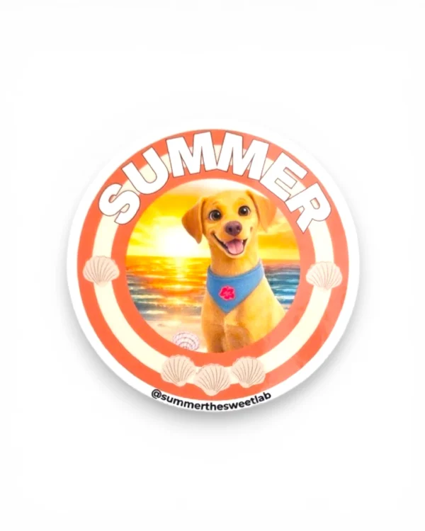 Round custom pet sticker of a yellow Labrador with a sunset beach background and seashell border. Windy City Tailz custom pet sticker photo.