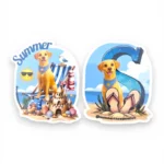 Two custom pet stickers of a yellow Labrador in beach-themed designs on a white background. Windy City Tailz custom pet sticker photo.