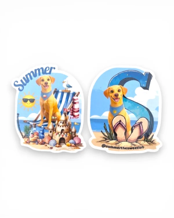 Two custom pet stickers of a yellow Labrador in beach-themed designs on a white background. Windy City Tailz custom pet sticker photo.