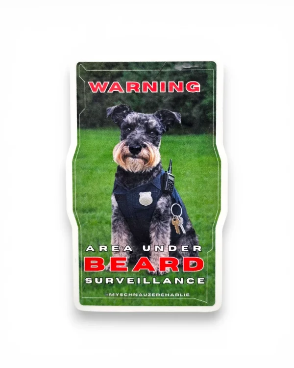 Schnauzer custom pet sticker with police surveillance design. Windy City Tailz sticker photo.