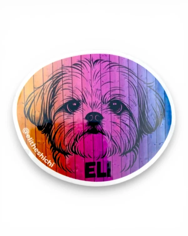 Shih Tzu digital character pet sticker with rainbow pop art design. Windy City Tailz sticker photo.