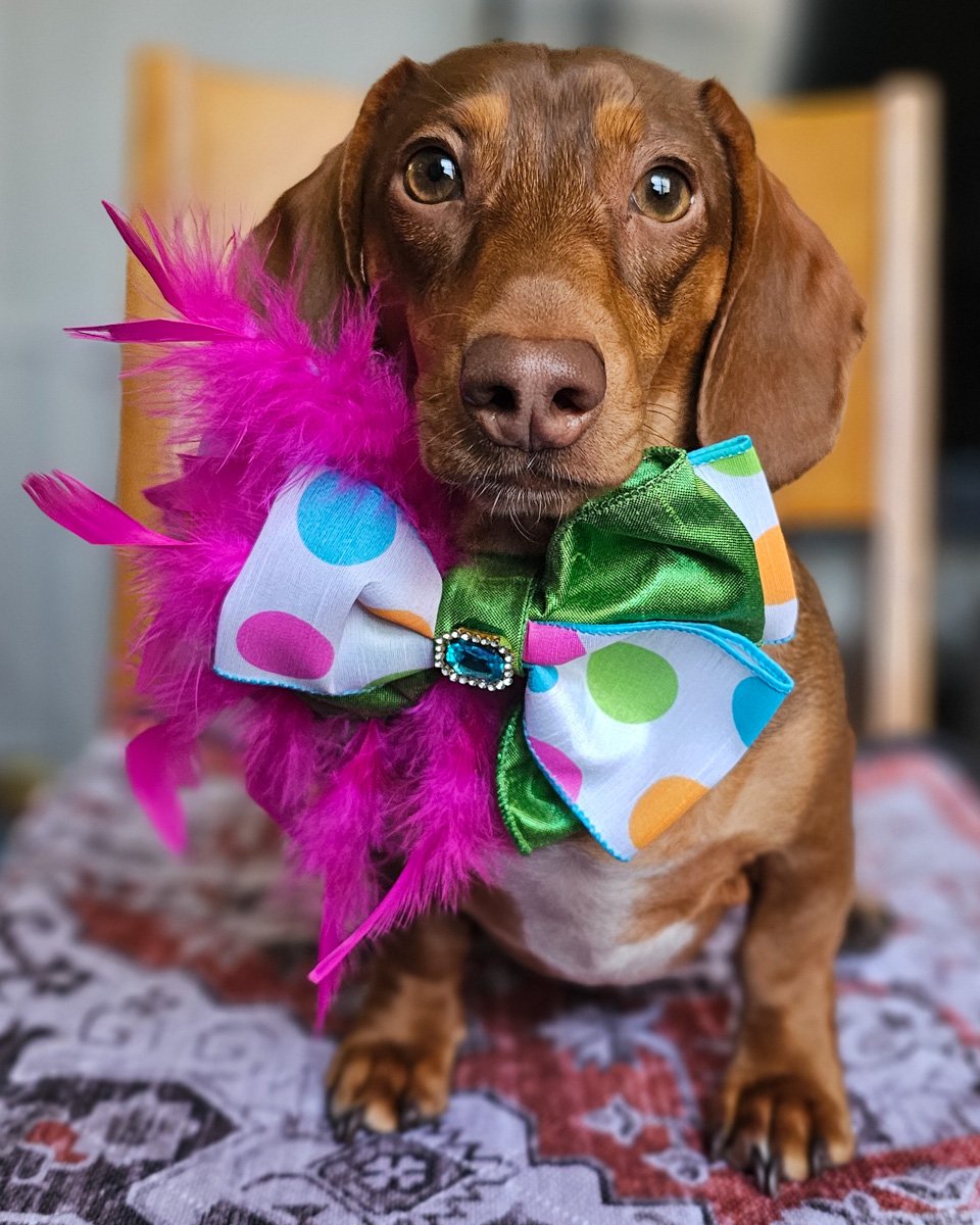 A red dachshund wearing a polka dot bow tie with a blue gem and pink feather accents by FFM Couture Bowtique. Windy City Tailz outfit photo.