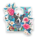 Corgi custom pet sticker with spring floral letter design. Windy City Tailz sticker photo.