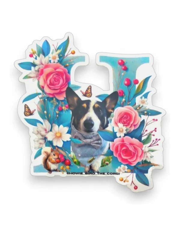 Corgi custom pet sticker with spring floral letter design. Windy City Tailz sticker photo.
