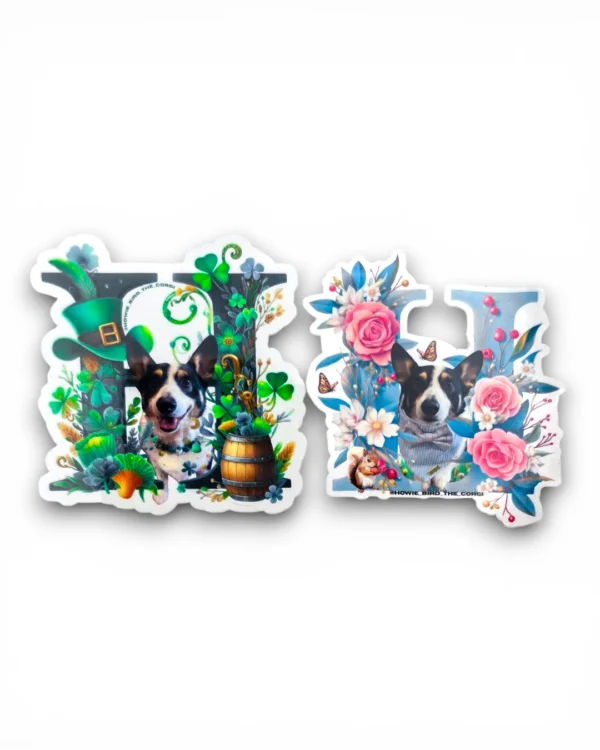 Corgi custom pet stickers with St. Patrick's Day and spring floral designs side by side. Windy City Tailz sticker photo.