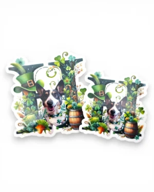 Corgi custom pet sticker in two sizes with St. Patrick's Day design. Windy City Tailz sticker photo.