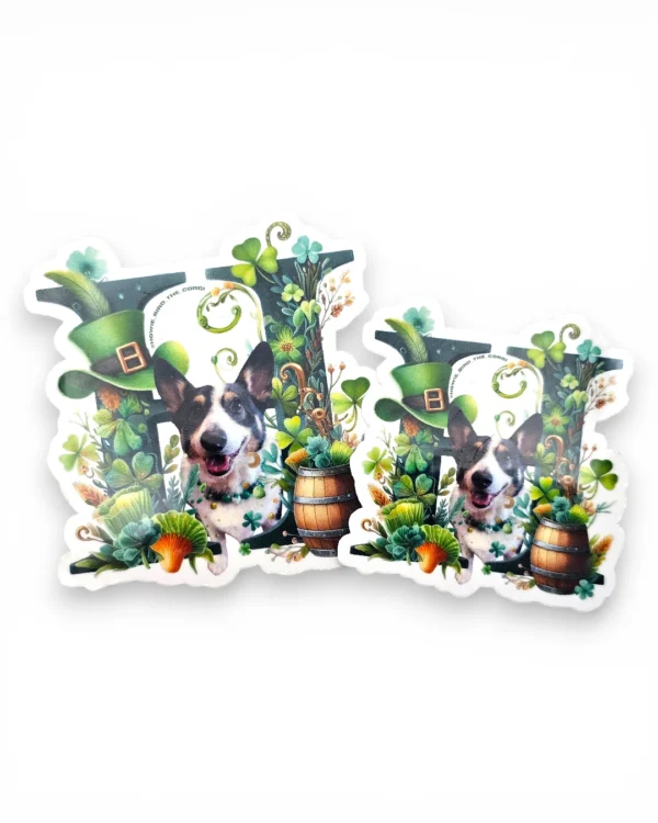 Corgi custom pet sticker in two sizes with St. Patrick's Day design. Windy City Tailz sticker photo.