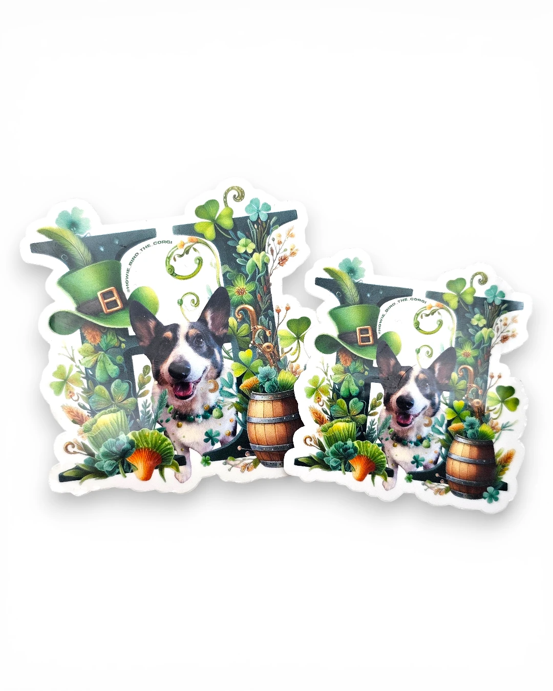 Corgi custom pet sticker in two sizes with St. Patrick's Day design. Windy City Tailz sticker photo.