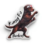 Chocolate lab custom pet sticker with martial arts design. Windy City Tailz sticker photo.