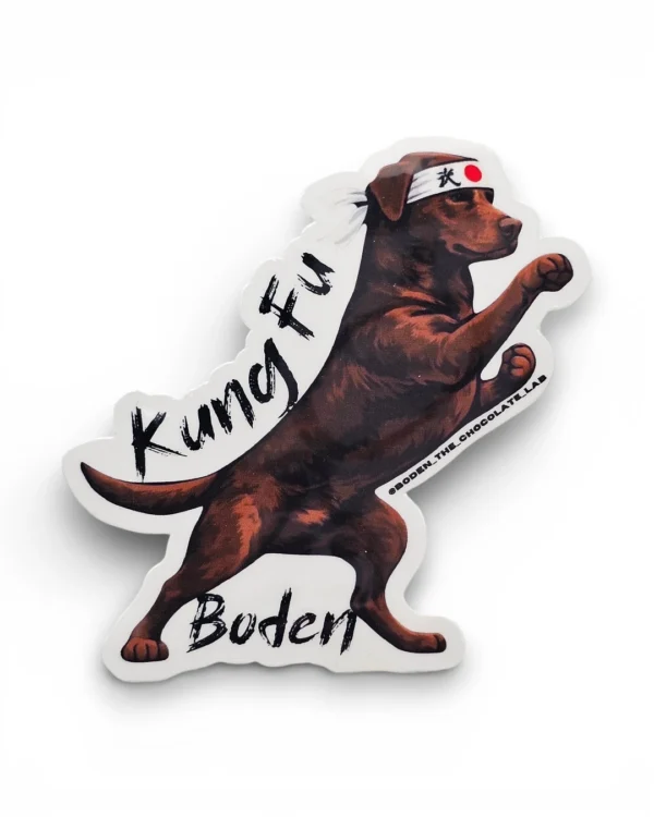 Chocolate lab custom pet sticker with martial arts design. Windy City Tailz sticker photo.