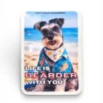 Schnauzer custom pet sticker with beach photo and Life is Bearder design. Windy City Tailz sticker photo.