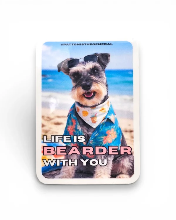 Schnauzer custom pet sticker with beach photo and Life is Bearder design. Windy City Tailz sticker photo.