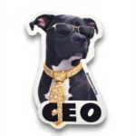 Black dog custom pet sticker with CEO sunglasses and gold chain design. Windy City Tailz sticker photo.