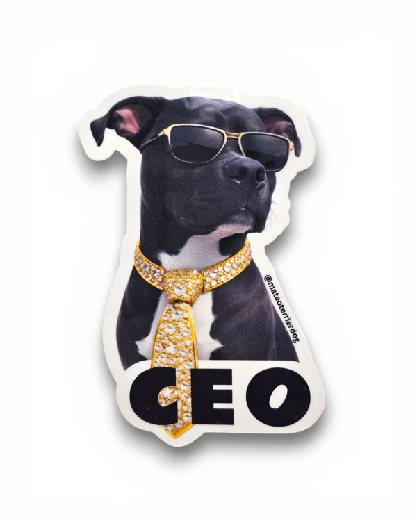 Black dog custom pet sticker with CEO sunglasses and gold chain design. Windy City Tailz sticker photo.
