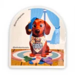 Dachshund digital character sticker with sock thief bandana design surrounded by socks. Windy City Tailz sticker photo.