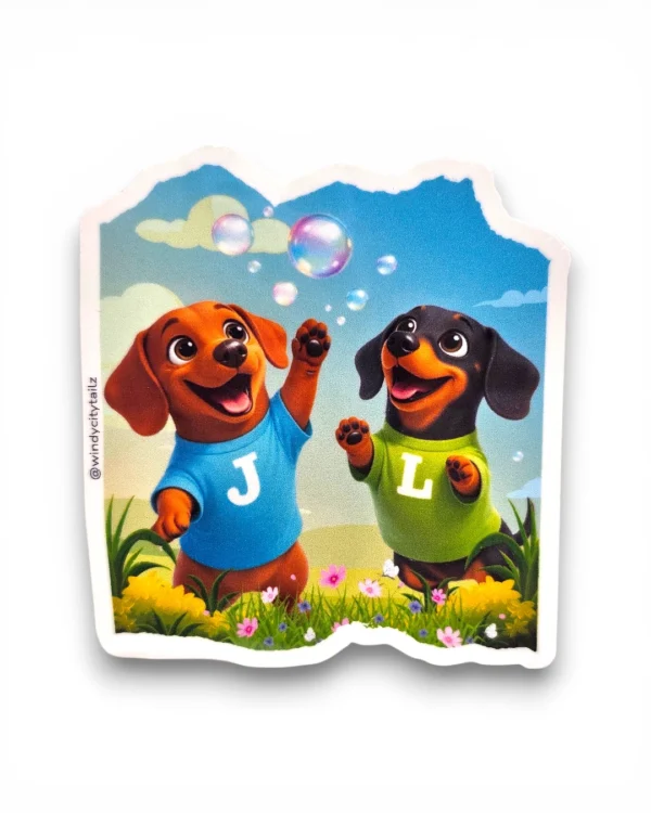 Two dachshund digital character stickers playing with bubbles in a spring scene. Windy City Tailz sticker photo.