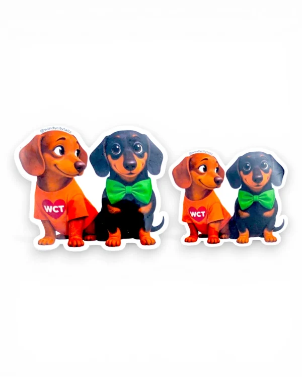 Dachshund digital character sticker in two sizes with WCT shirt and bow tie design. Windy City Tailz sticker photo.