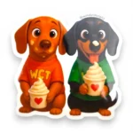 Two dachshund digital character stickers holding pup cups with WCT shirt design. Windy City Tailz sticker photo.