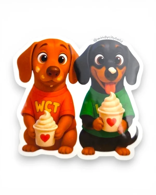 Two dachshund digital character stickers holding pup cups with WCT shirt design. Windy City Tailz sticker photo.