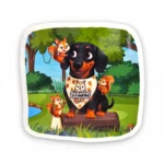 Dachshund digital character sticker with squirrel enthusiast bandana surrounded by squirrels. Windy City Tailz sticker photo.