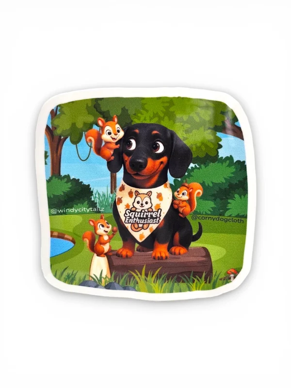 Dachshund digital character sticker with squirrel enthusiast bandana surrounded by squirrels. Windy City Tailz sticker photo.