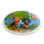 Two dachshund digital character stickers on oval squirrel patrol design chasing a squirrel. Windy City Tailz sticker photo.