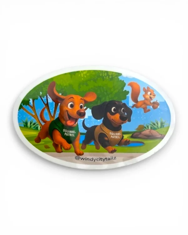 Two dachshund digital character stickers on oval squirrel patrol design chasing a squirrel. Windy City Tailz sticker photo.